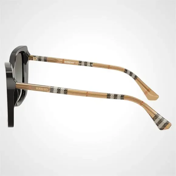 New Burberry Sunglasses Black Front Square Frame Checkered Arms Gray Lens Womens - Picture 5 of 7